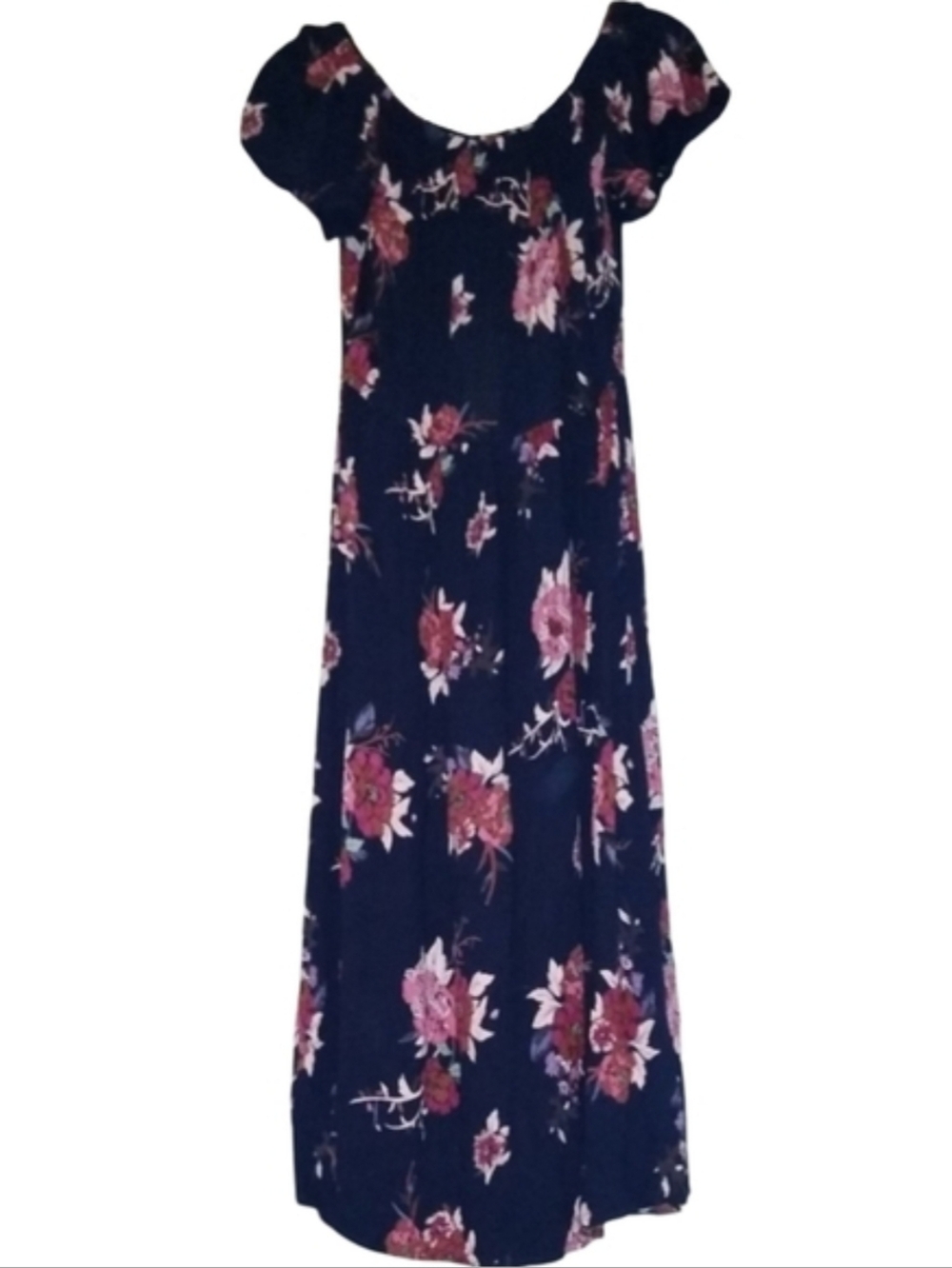 Navy Blue Gauze Maxi Dress Patrons of Peace Pink Flowers Long Dark Floral Midi M